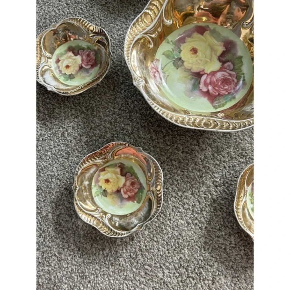 7-PC Antique Hand Painted Nippon Floral & Gold Nut Bowl &‎ 6 Salt Cellar Dishes